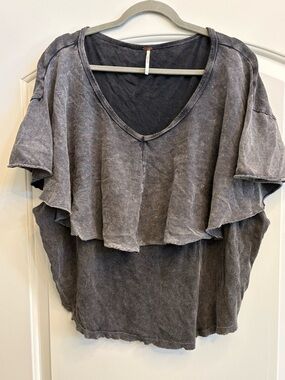 Free People Washed Charcoal Ruffle V-Neck Tee
